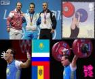 Erkekler 94 kg Halter podyum, Ilya Ilyin (Kazakistan), Alexandr Ivanov (Rusya) ve Anatoly Ciricu (Moldova) - Londra 2012-